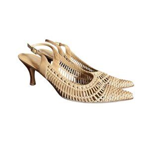 Stuart Weitzman Woven Slingback Kitten Heels Size 6 Beige Raffia Style